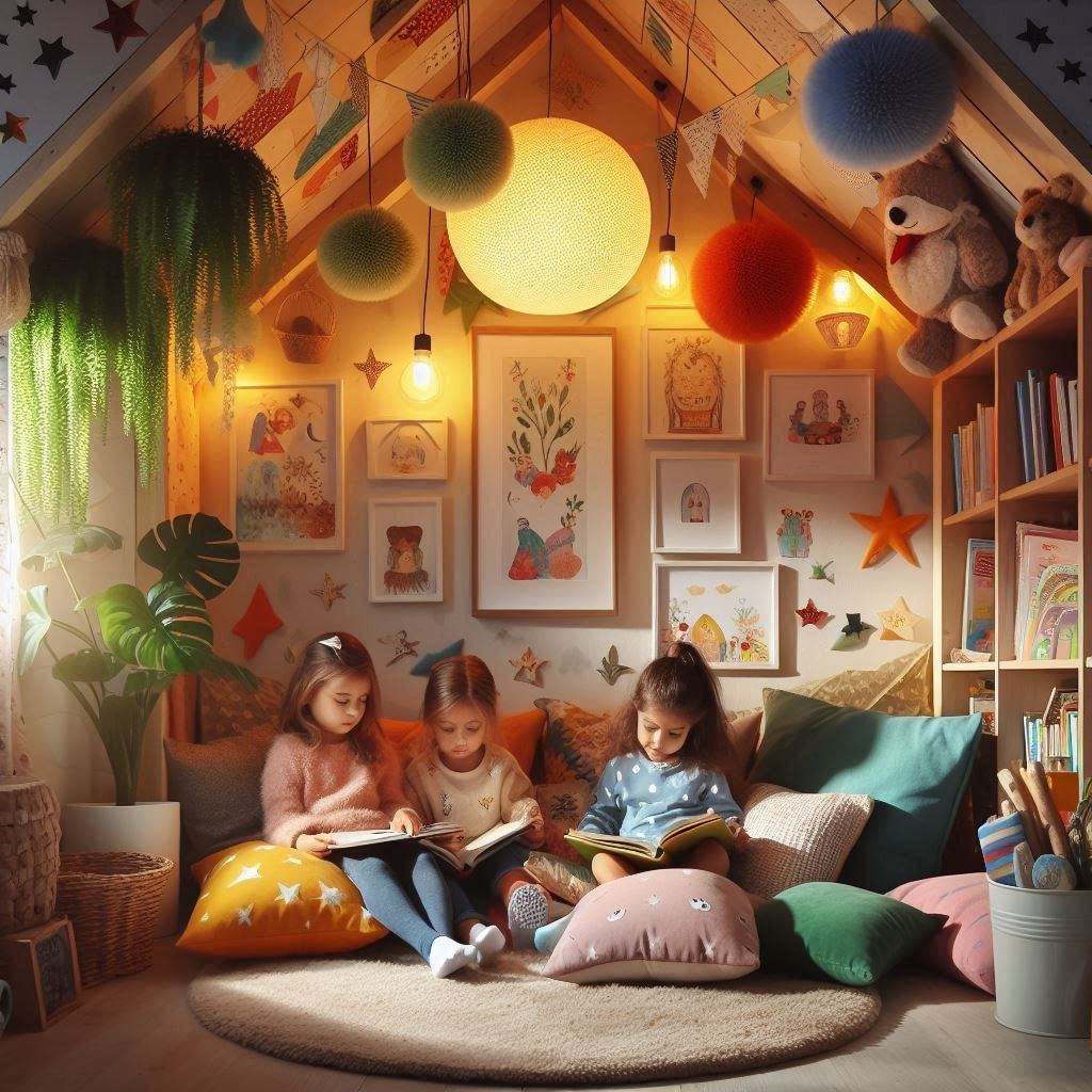 A cozy reading nook with colorful cushions, children’s books, and warm lighting.