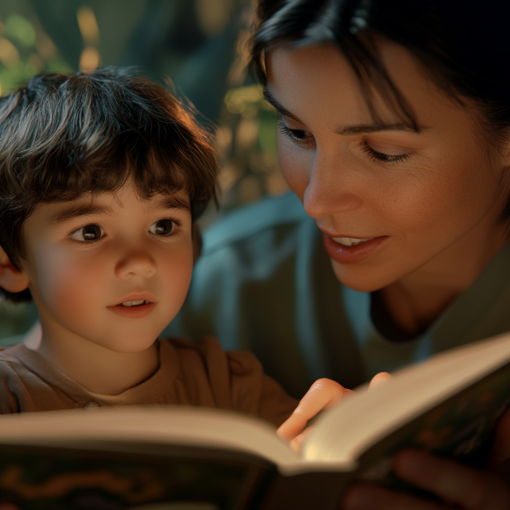 A close-up of a parent reading aloud to a curious child, with faint background visuals of a story setting, symbolizing language and vocabulary building.