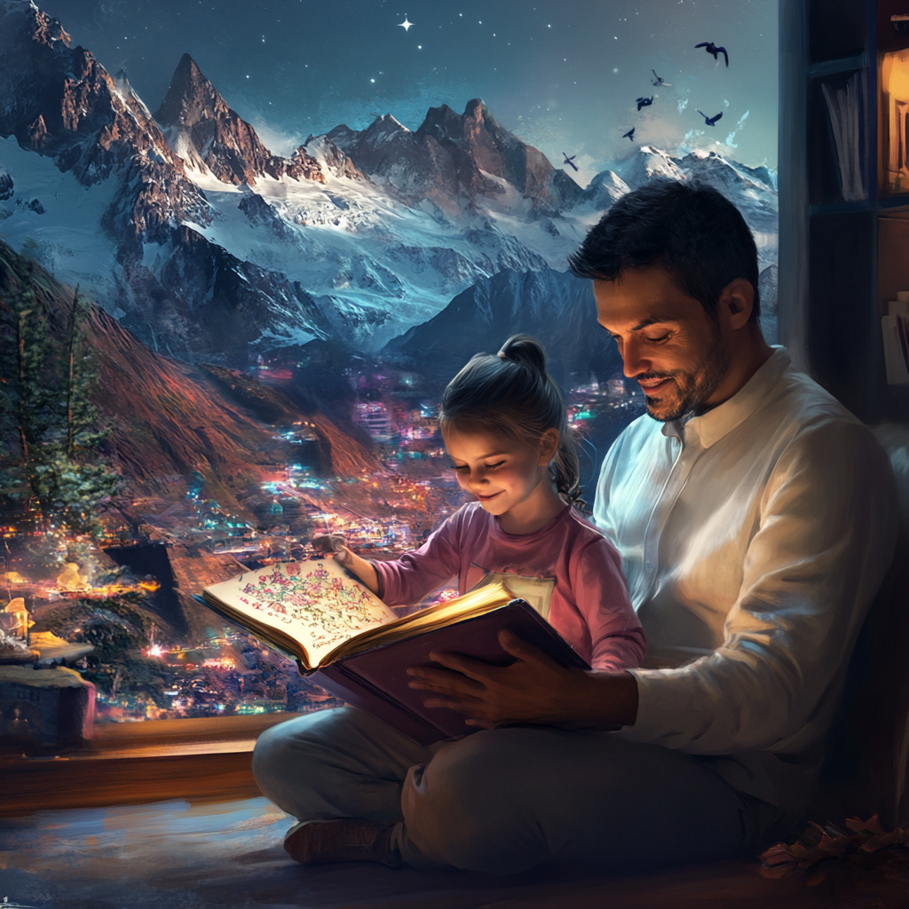 A child reading with a parent beside them, surrounded by faint visuals of mountains and landmarks, symbolizing vocabulary building through travel-themed stories.
