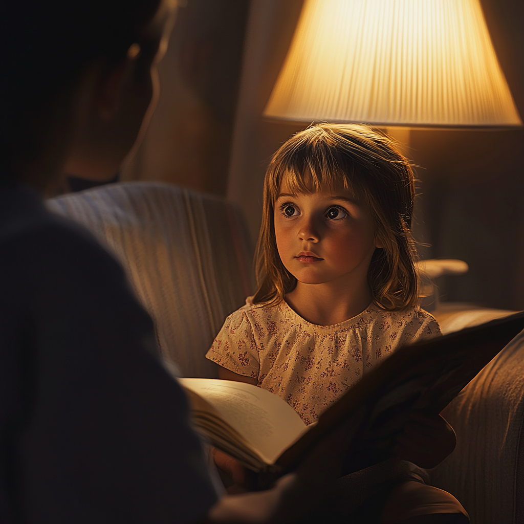 A child listening attentively as a parent reads, with a blurred background highlighting focus and listening skills.