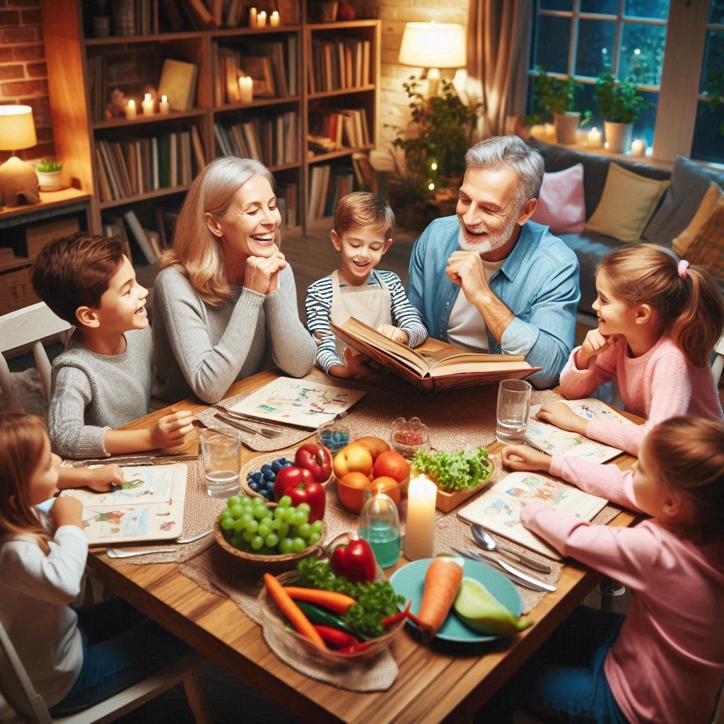 A family discussing a children’s book around a dinner table with smiles and laughter.