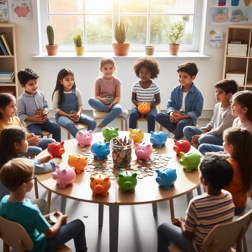 Children sitting in a circle, each holding a piggy bank, learning about saving money together.
