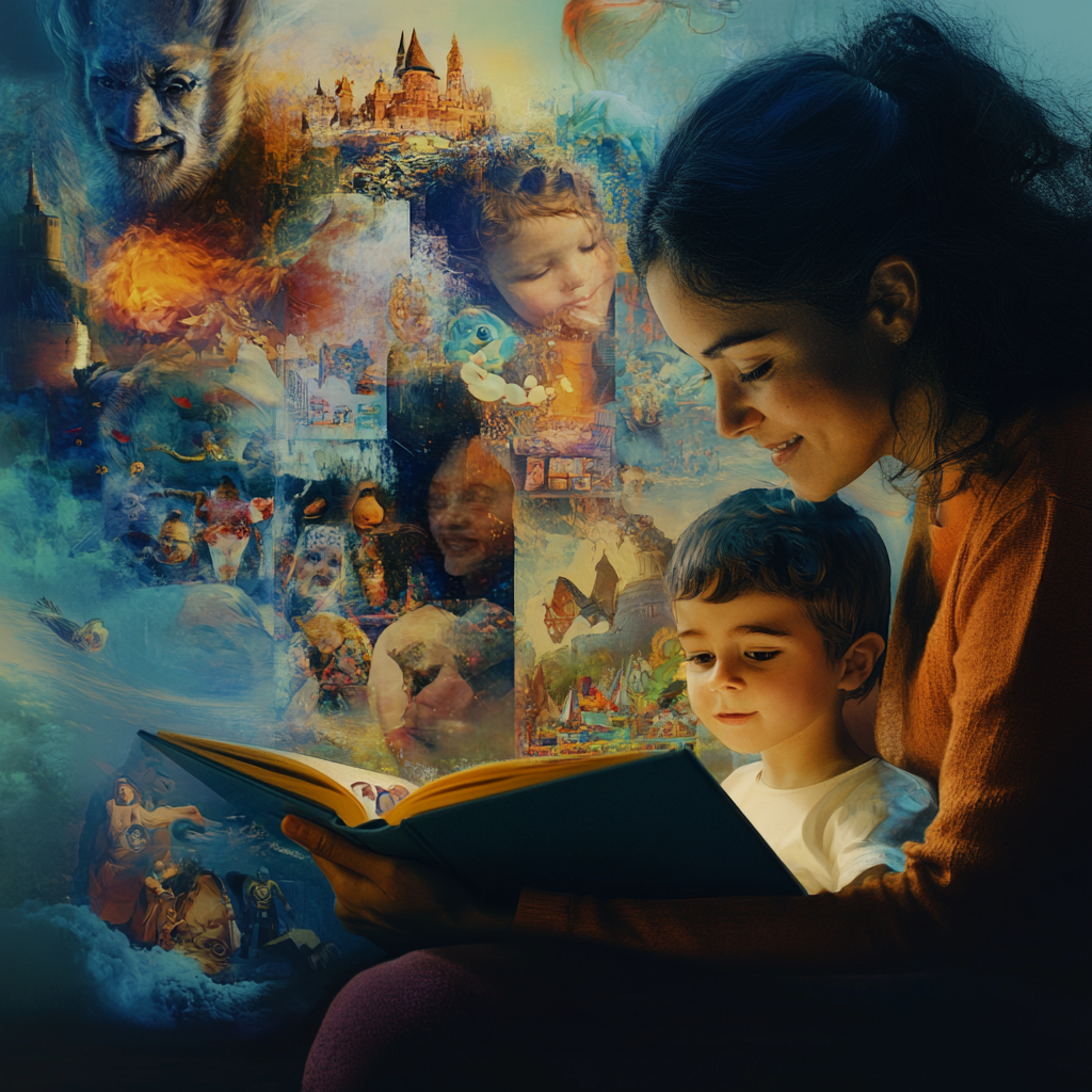  A cozy scene of a parent reading with their child, surrounded by soft story elements that represent imagination and bonding.