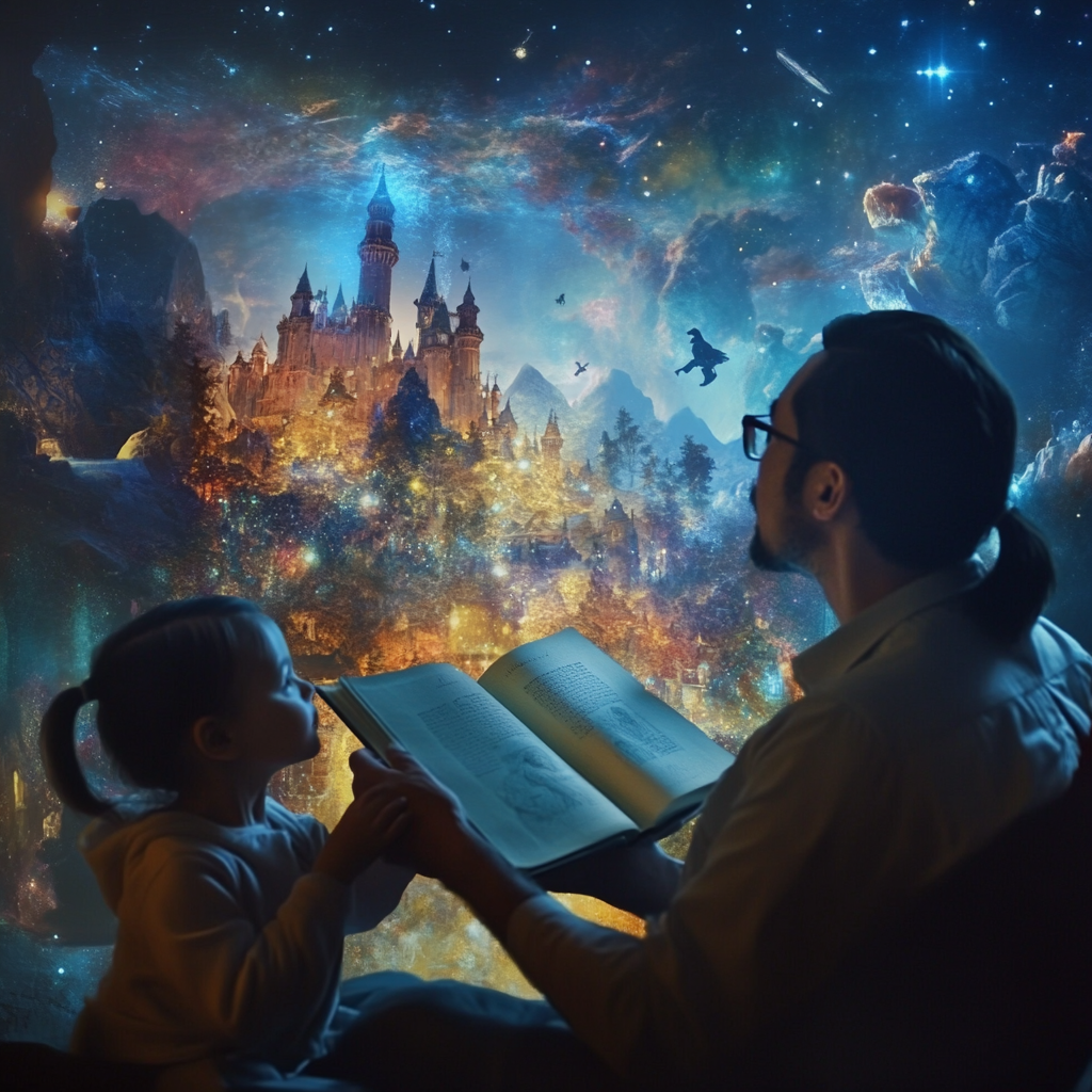 A child listening to a story with background visuals of fantasy elements, symbolizing how reading aloud stimulates imagination.

