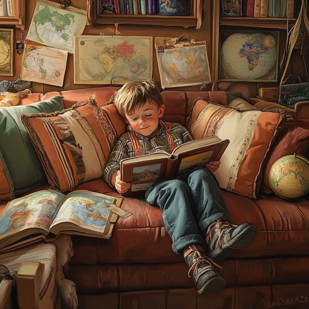 A child lying on a couch, smiling as they read a travel-themed book, with props like maps and globes symbolizing a lifelong love of reading.