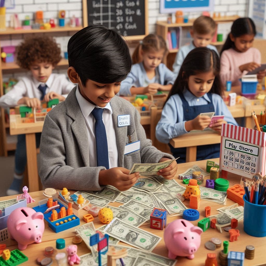 Students engaged in practical money management through classroom store activity.