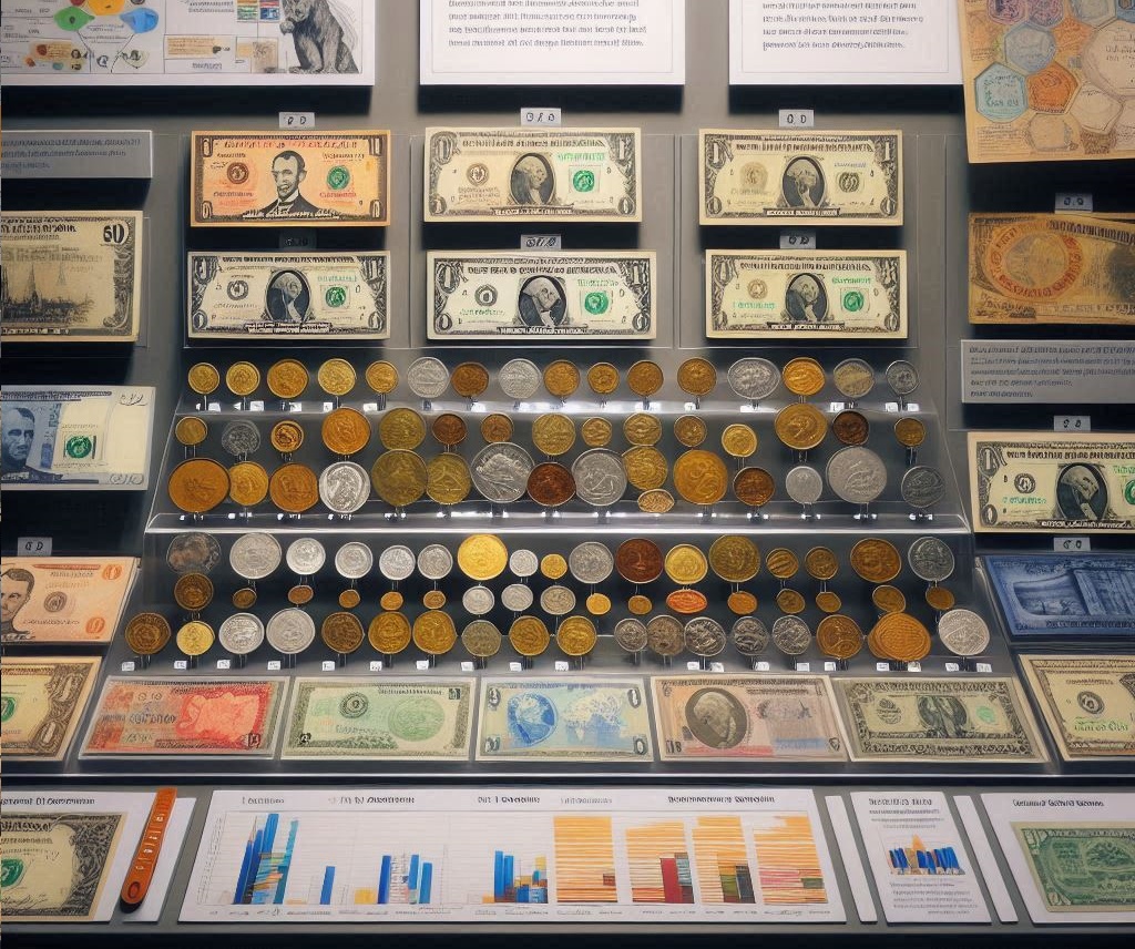 Educational display of world currencies with informative labels.