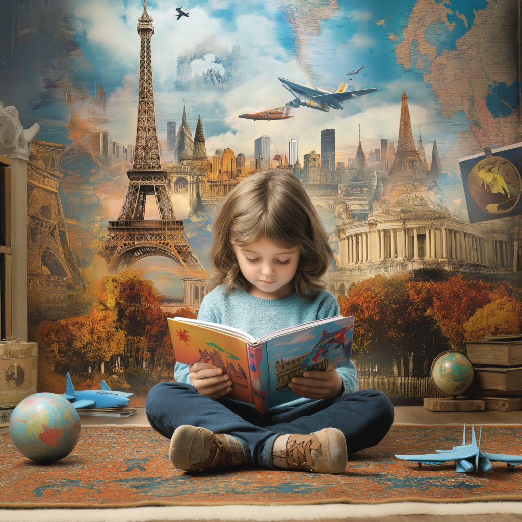 A young child reads a book surrounded by world landmarks, a globe, and a toy plane, inspiring curiosity and adventure.