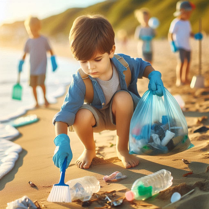 Young child engaged in a beach clean-up activity, collecting plastic waste in a reusable bag, demonstrating environmental awareness and responsibility.