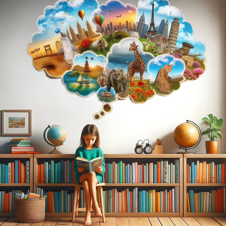 Girl reading with a thought bubble showing animals, landmarks, and landscapes, symbolizing imagination and adventure