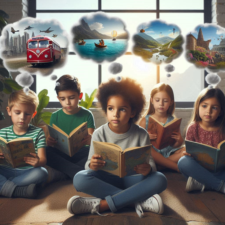 Alt text: Children sitting in a room, each holding a different travel-themed book, with thought bubbles above their heads showing scenes from the stories.