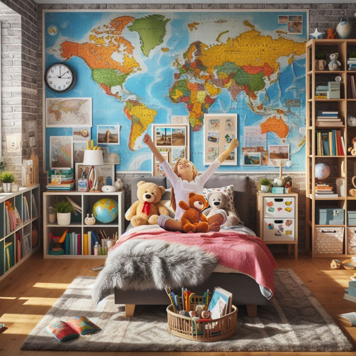Alt text: A cozy child's bedroom with walls adorned with colorful world maps and vintage-style travel posters. Bookshelves are filled with an array of travel-themed children's books, and a comfy reading nook is set up by the window with a globe and a stack of books nearby. Kid wakes up from sleep.