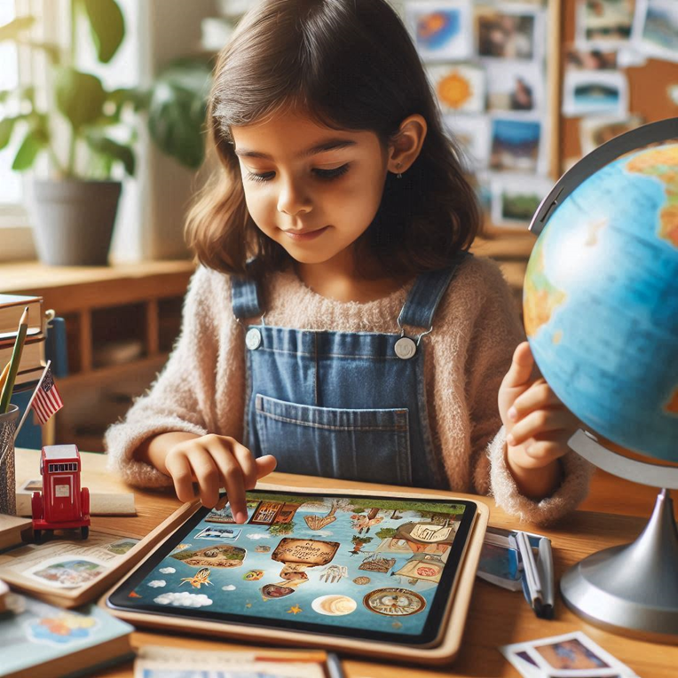 Alt text: A young child sits, holding a tablet, displaying an interactive travel storybook with colorful illustrations. Surrounded by travel-themed books, a colorful globe of the world map illustrates the blend of traditional and digital learning tools.