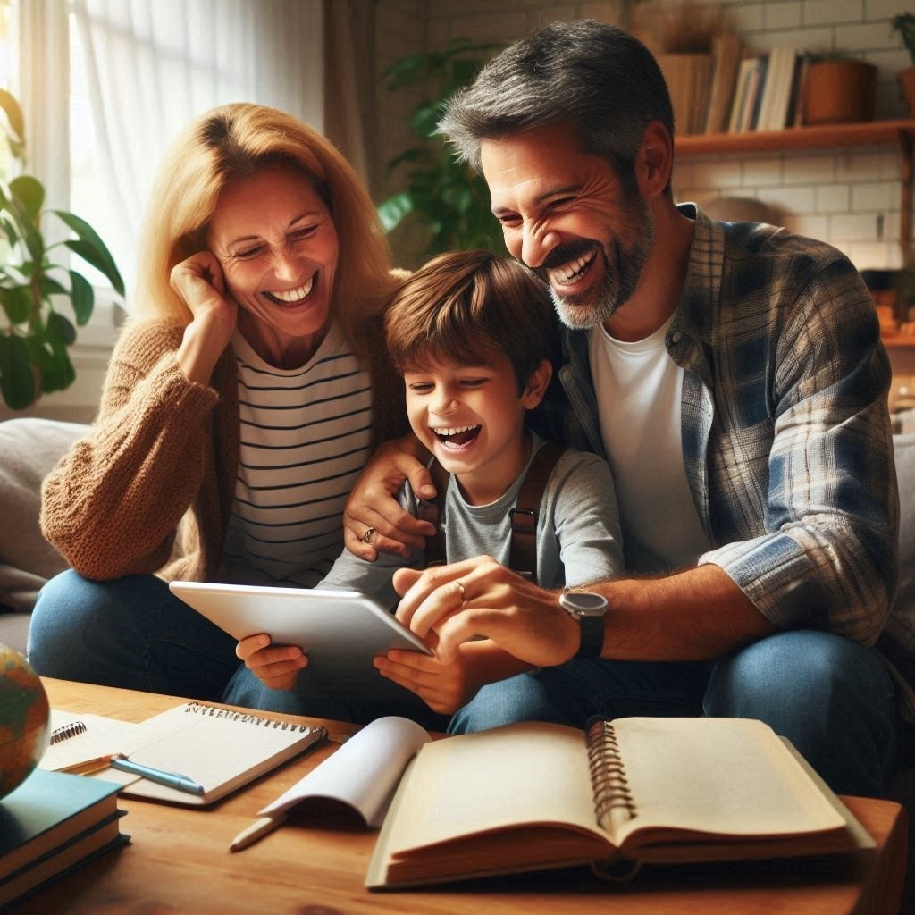 Family enjoying Grumpy Dad’s humorous travel tales, bonding and learning together.