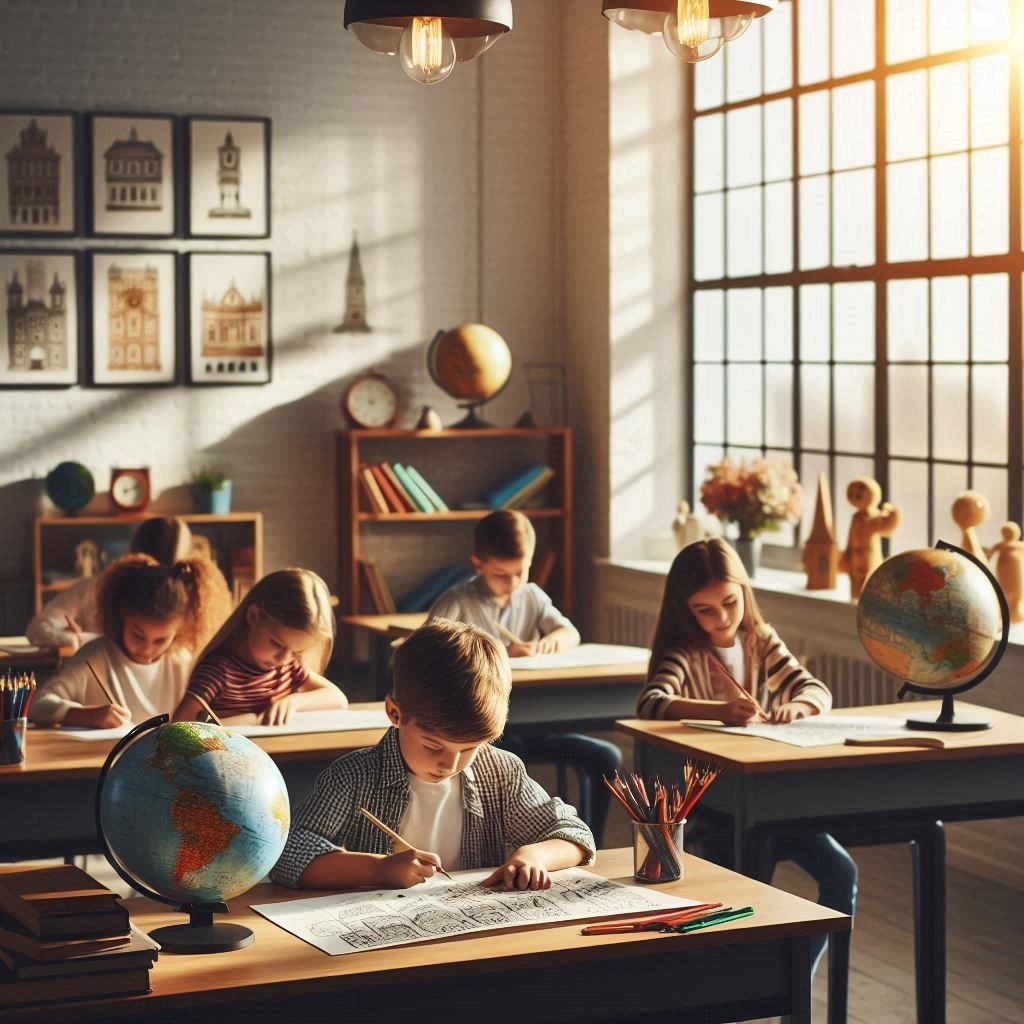 A classroom with young students focused on their work at desks, illuminated by warm sunlight streaming through large windows. Globes, pencils, and papers are on the desks, and artwork of architectural landmarks decorates the walls, creating a studious and inviting atmosphere.
