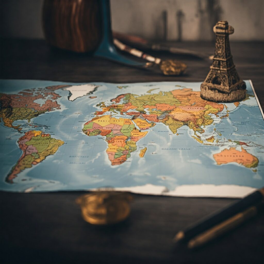 World map with iconic travel book locations highlighted.