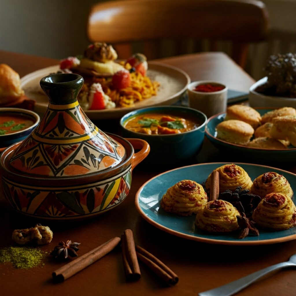 Table filled with diverse dishes inspired by recipes in travel books.