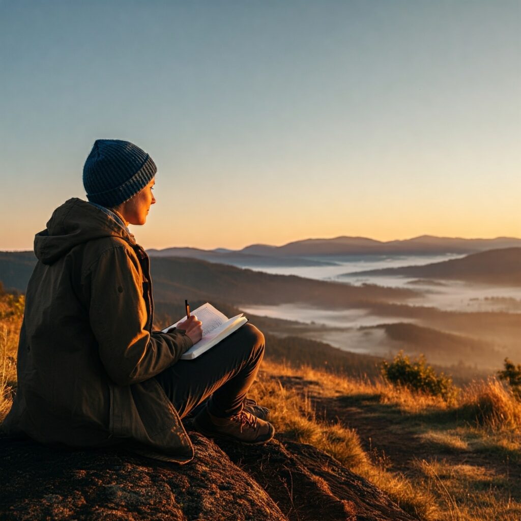 Traveler sitting by a peaceful lake, reflecting while reading a travel book.