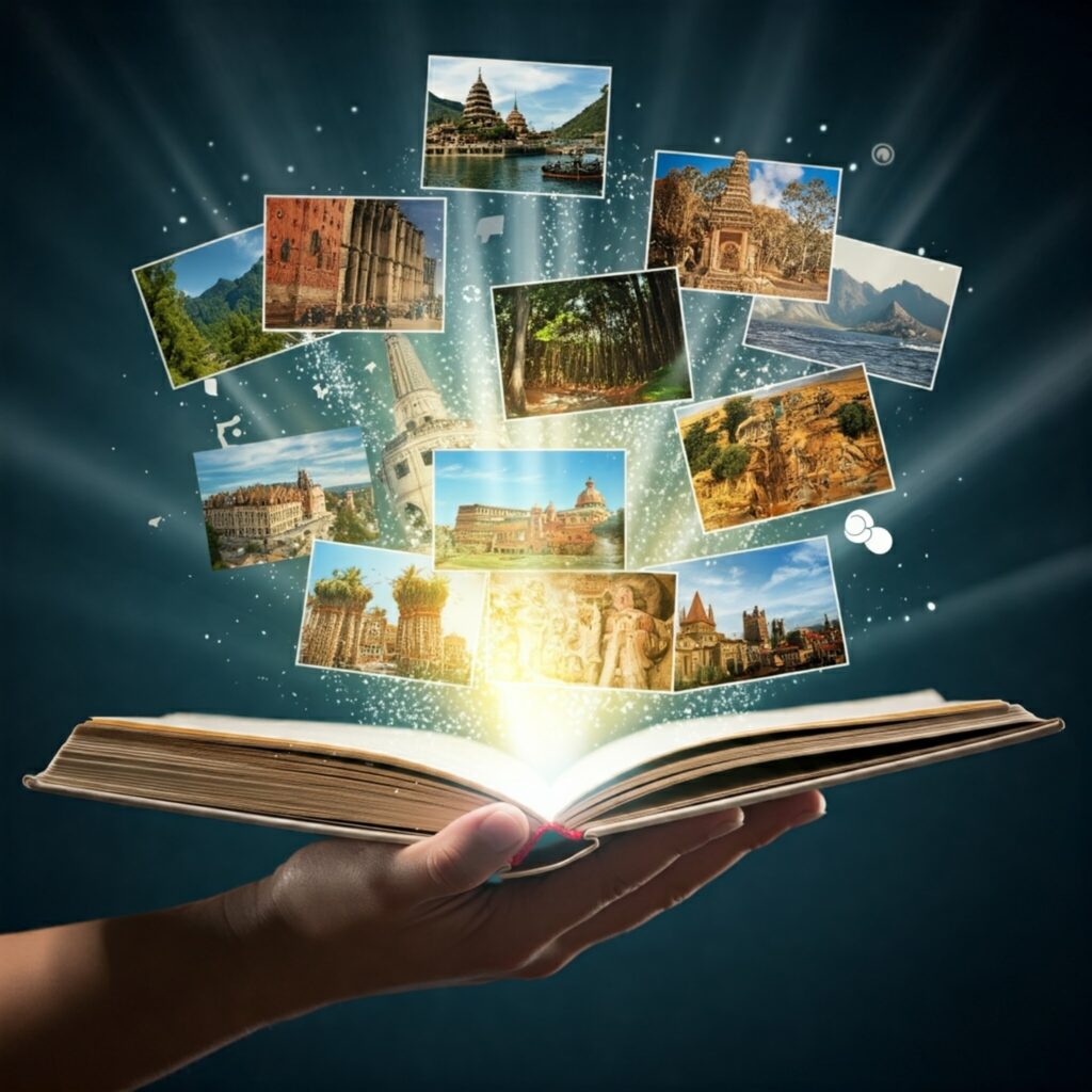 A hand holds an open book, emitting a magical glow, with vibrant photos of scenic landmarks and nature floating above, symbolizing travel and storytelling.
