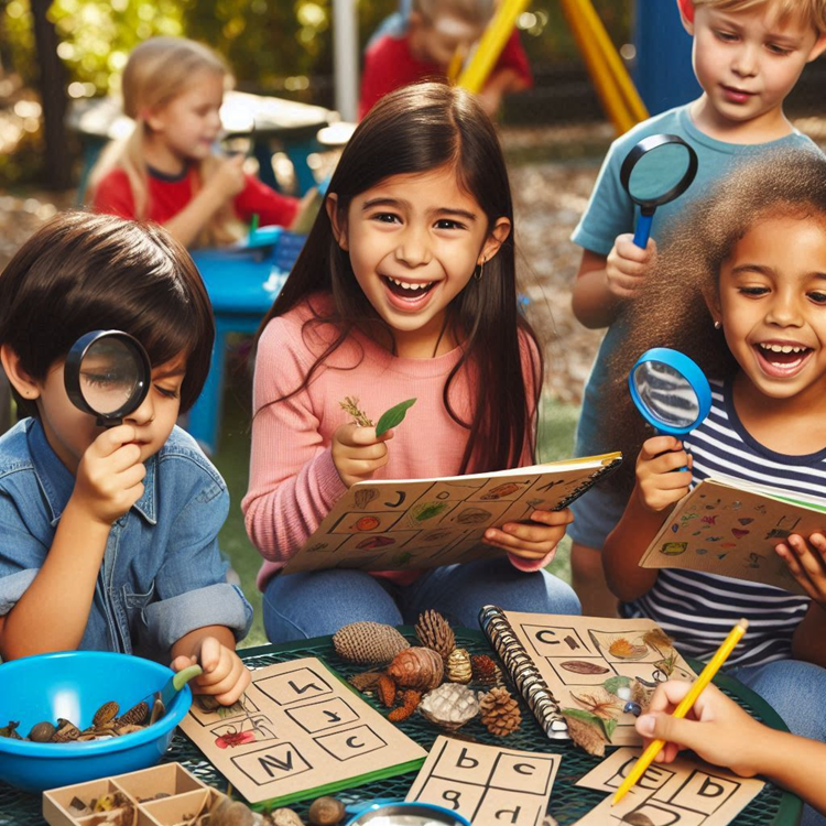 Children participating in an outdoor alphabet scavenger hunt, actively learning through nature exploration.