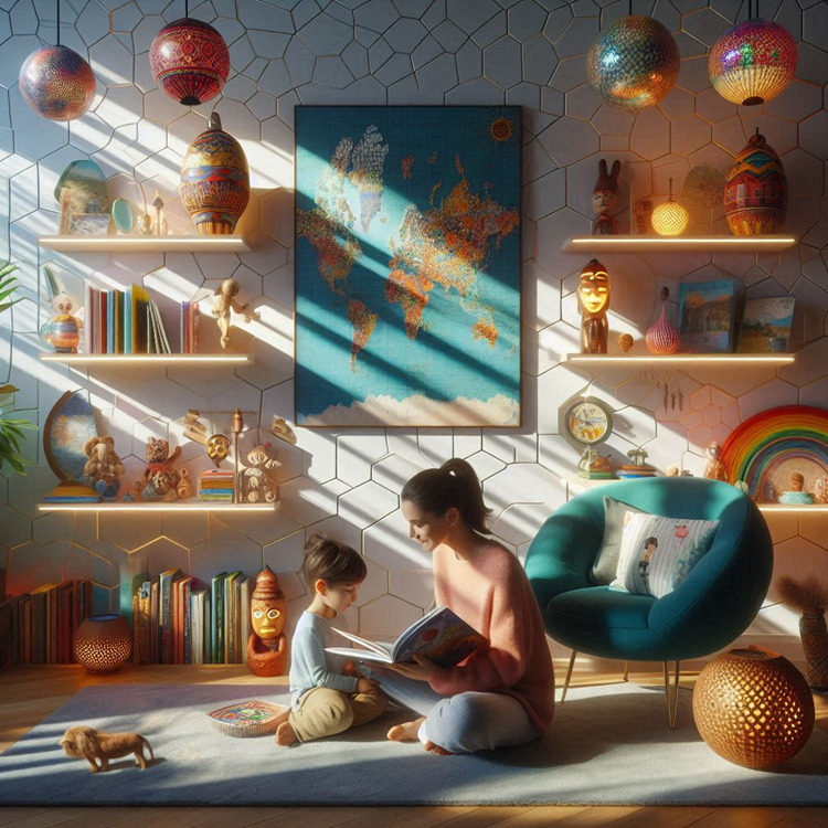 "A cozy reading scene with a woman and child surrounded by global decor, including lanterns, masks, and a world map. They sit on the floor reading together, with floating shelves and a turquoise armchair completing the multicultural space.