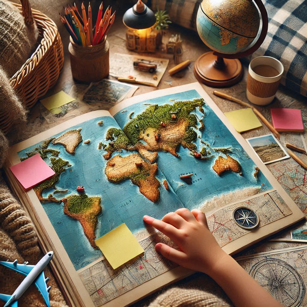 Child exploring travel book with curiosity and wonder