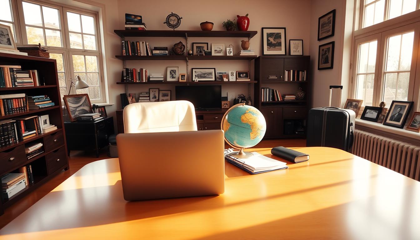 Laptop, phone, and travel bags on a desk overlooking a city skyline, labeled “grumpydadtraveltales.”