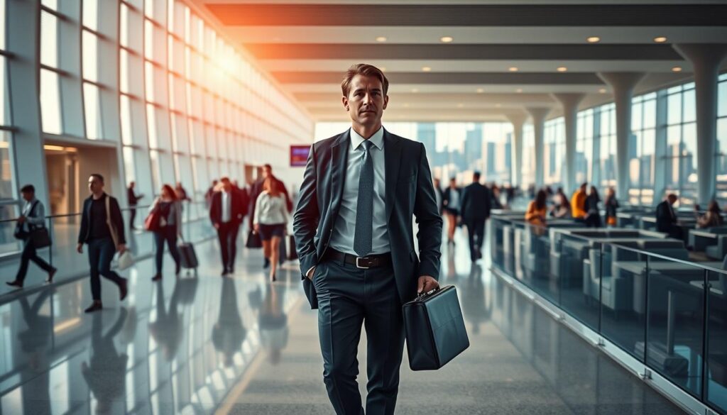 A businessman in a suit walks confidently through a busy, modern airport terminal with a briefcase in hand.