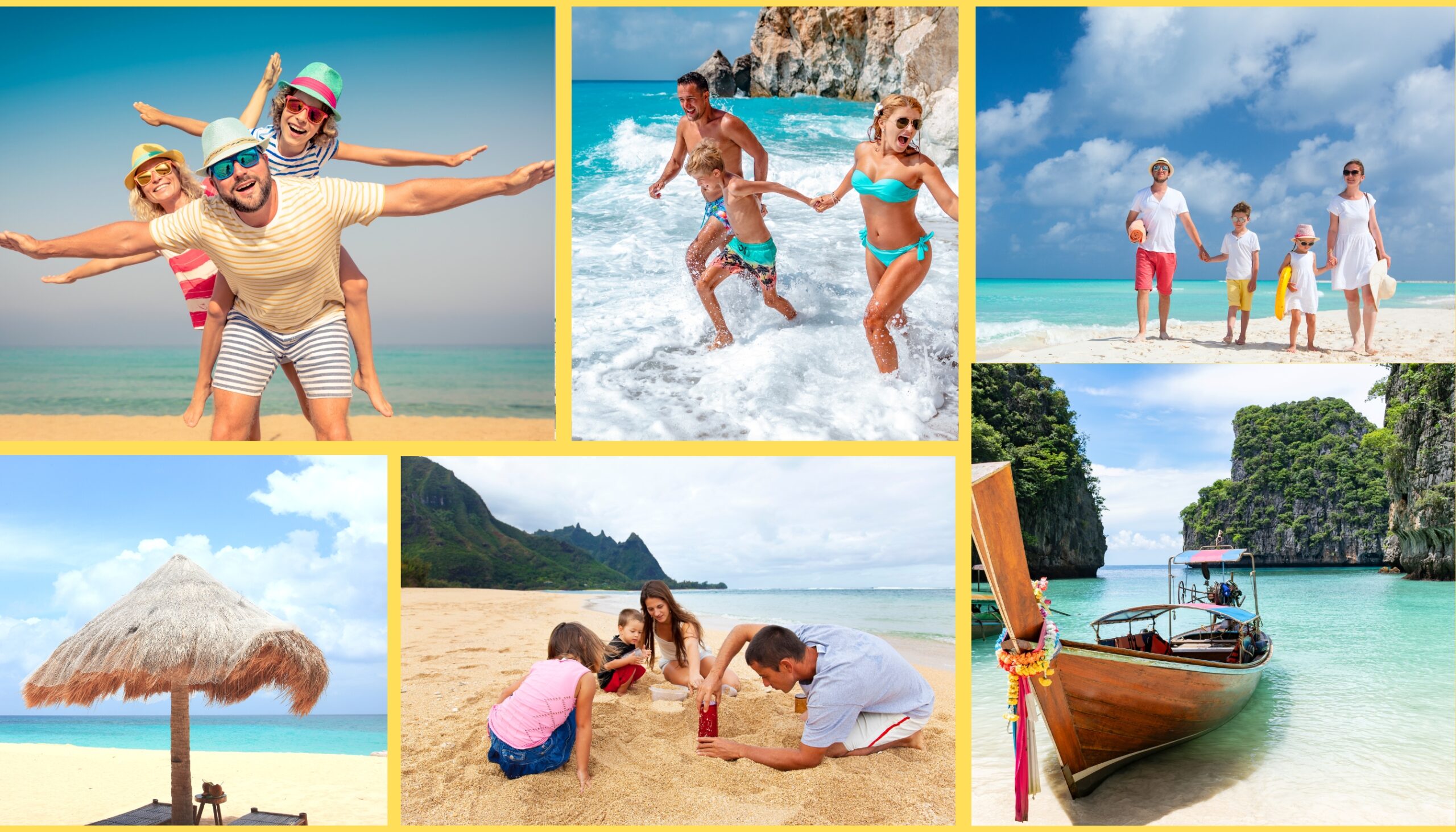 Collage of joyful family beach moments, including kids riding on a dad’s back, playing in ocean waves, building sandcastles, walking hand-in-hand by the sea, a thatched umbrella on an empty beach, and a scenic boat anchored in turquoise waters surrounded by cliffs.