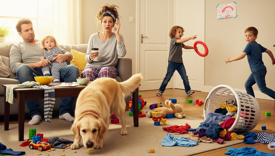A messy living room scene where a tired-looking mother and father sit on a couch with their youngest child, while two older children play wildly in the background. A golden retriever is eating food off the floor, toys and clothes are scattered everywhere, and a laundry basket has tipped over, adding to the chaos.