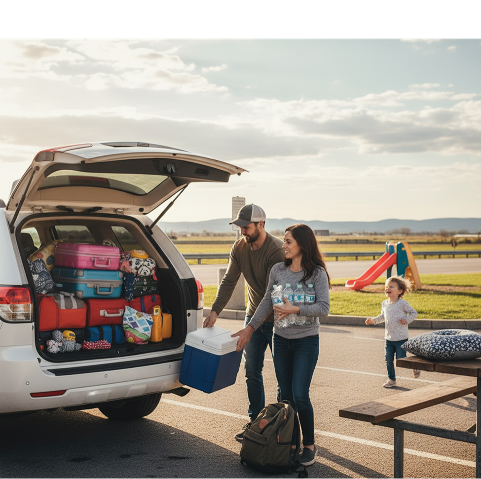 A couple loads a car packed with luggage and a cooler in a rest stop parking lot, with a young child running in the background.
