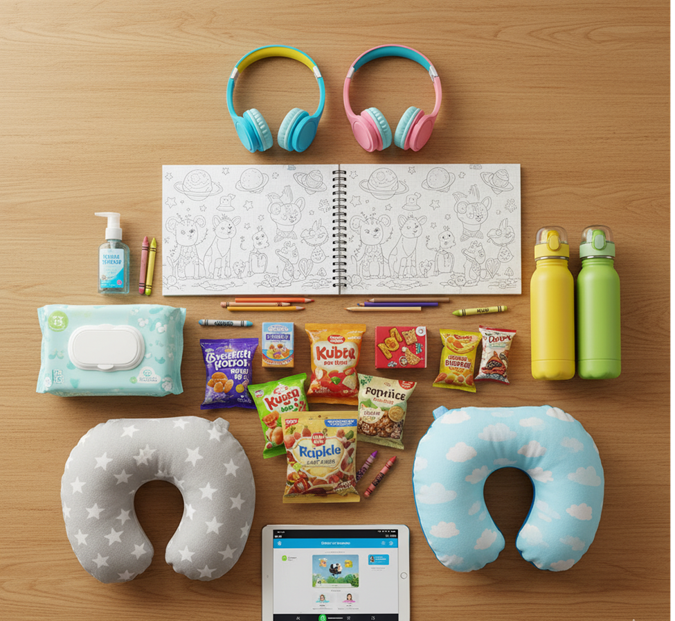 Flat lay of kids' travel gear including headphones, a coloring book, snacks, water bottles, neck pillows, wipes, and a tablet. 