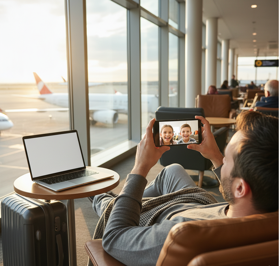 Dad with luggage waving goodbye to family at airport