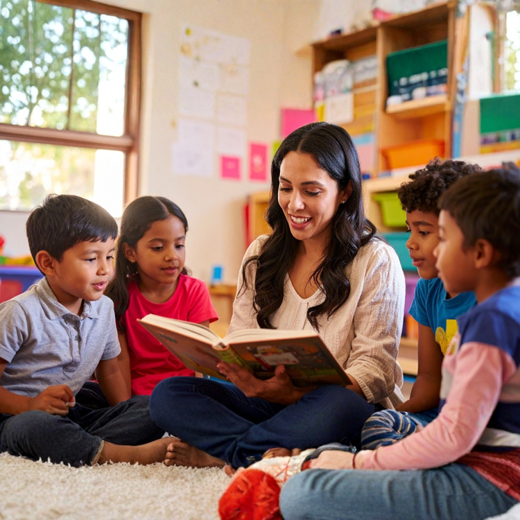 A female teacher reads to four diverse young children.