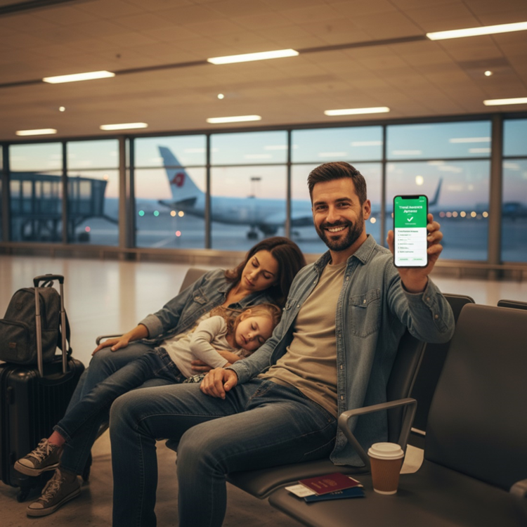 Smiling dad at airport showing travel insurance on phone while family rests beside him.