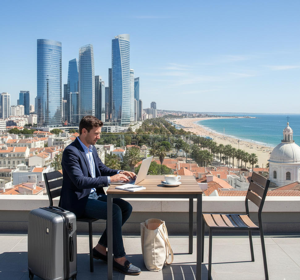 A man works on a laptop at an outdoor table with a suitcase beside him, overlooking a sunny city and beach